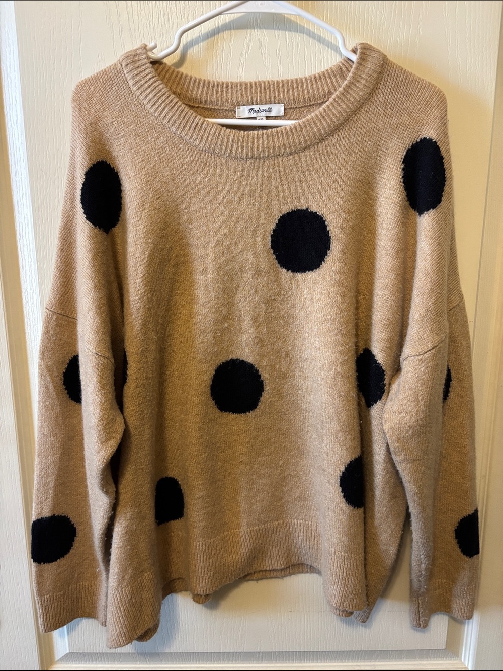 Madewell Camel Crewneck Sweater with Black Polka Dots